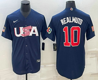Men's USA Baseball #10 JT Realmuto 2023 Navy World Baseball Classic Stitched Jersey
