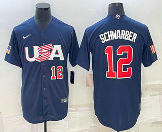 Men's USA Baseball #12 Kyle Schwarber Number 2023 Navy World Baseball Classic Stitched Jerseys