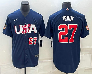 Men's USA Baseball #27 Mike Trout Number 2023 Navy World Baseball Classic Stitched Jerseys