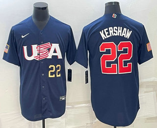 Men's USA Baseball #22 Clayton Kershaw Number 2023 Navy World Baseball Classic Stitched Jersey