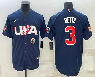 Men's USA Baseball #3 Mookie Betts 2023 Navy World Baseball Classic Stitched Jersey