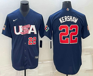 Men's USA Baseball #22 Clayton Kershaw Number 2023 Navy World Baseball Classic Stitched Jerseys