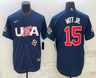 Men's USA Baseball #15 Bobby Witt Jr 2023 Navy World Baseball Classic Stitched Jersey