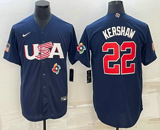 Men's USA Baseball #22 Clayton Kershaw 2023 Navy World Baseball Classic Stitched Jerseys