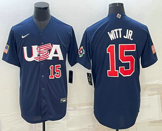 Men's USA Baseball #15 Bobby Witt Jr Number 2023 Navy World Baseball Classic Stitched Jerseys