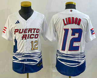 Youth Puerto Rico Baseball #12 Francisco Lindor Number 2023 White World Baseball Classic Stitched Je