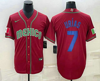 Mens Mexico Baseball #7 Julio Urias 2023 Red Blue World Baseball Classic Stitched Jersey - Click Image to Close