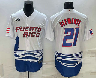 Men's Puerto Rico Baseball #21 Roberto Clemente 2023 White World Baseball Classic Stitched Jerseys