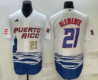Men's Puerto Rico Baseball #21 Roberto Clemente Number 2023 White World Baseball Classic Stitched Je