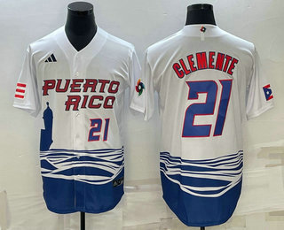Mens Puerto Rico Baseball #21 Roberto Clemente Number 2023 White World Baseball Classic Stitched Jer