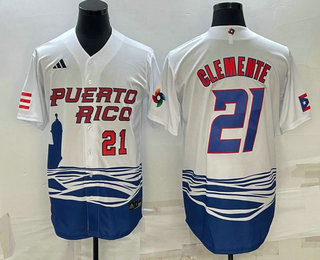 Men's Puerto Rico Baseball #21 Roberto Clemente Number 2023 White World Baseball Classic Stitched Je