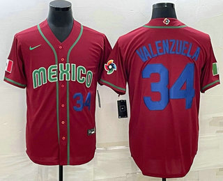 Men's Mexico Baseball #34 Fernando Valenzuela Number 2023 Red Blue World Baseball Classic Stitched J