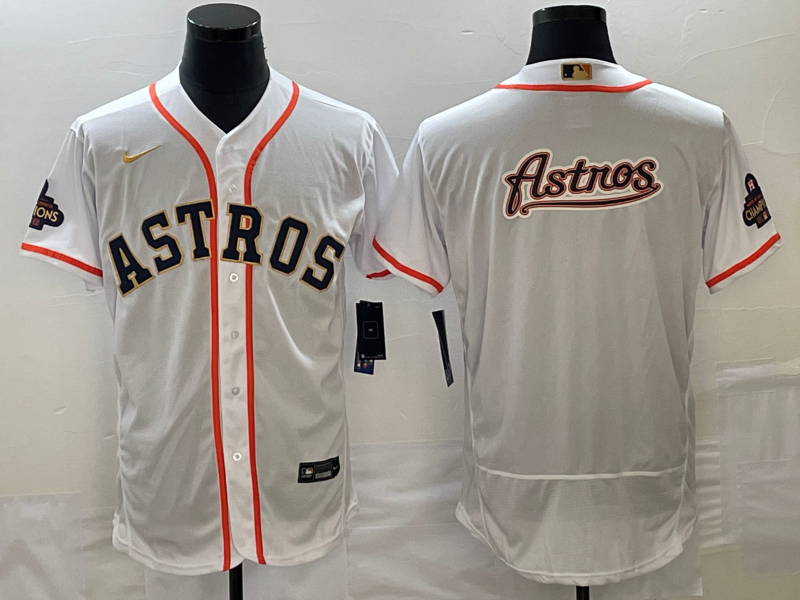 Men's Houston Astros Big Logo 2023 White Gold World Serise Champions Patch Flex Base Stitched Jersey