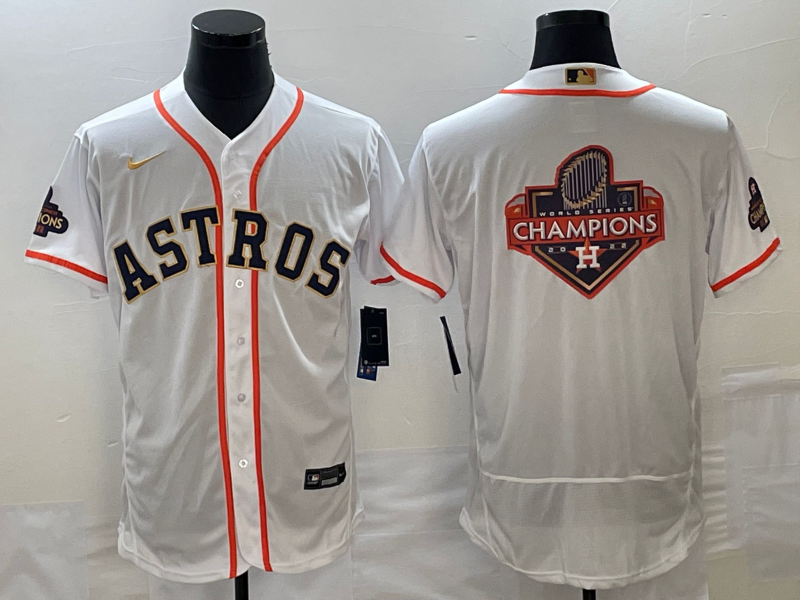 Men's Houston Astros Big Logo 2023 White Gold World Serise Champions Patch Flex Base Stitched Jersey