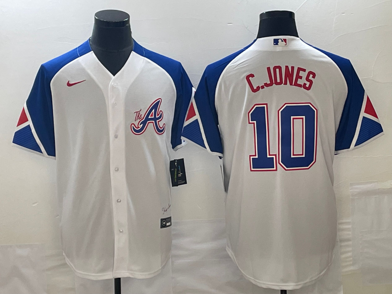 Men's Atlanta Braves #10 Chipper Jones White 2023 City Connect Cool Base Stitched Jersey