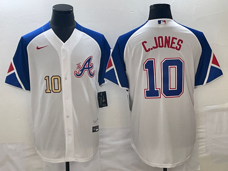 Men's Atlanta Braves #10 Chipper Jones Number White 2023 City Connect Cool Base Stitched Jersey