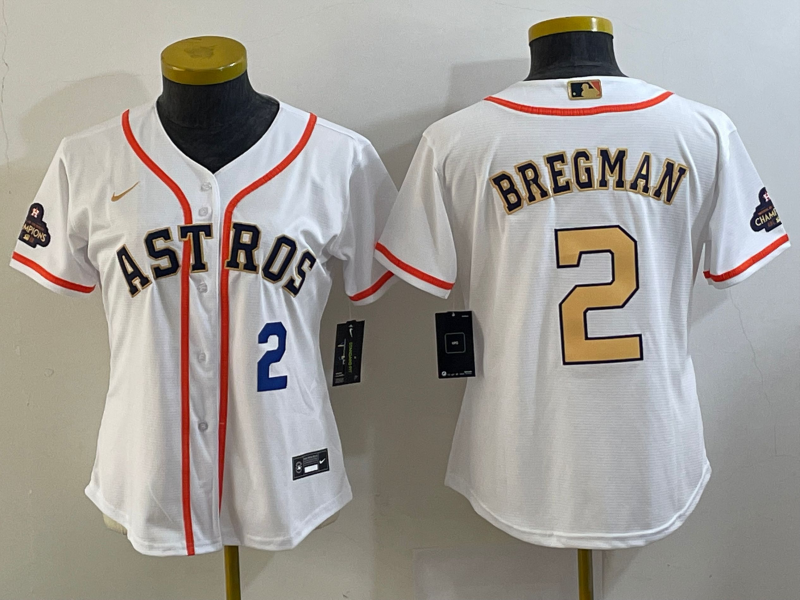 Women's Houston Astros #2 Alex Bregman Number 2023 White Gold World Serise Champions Patch Cool Base