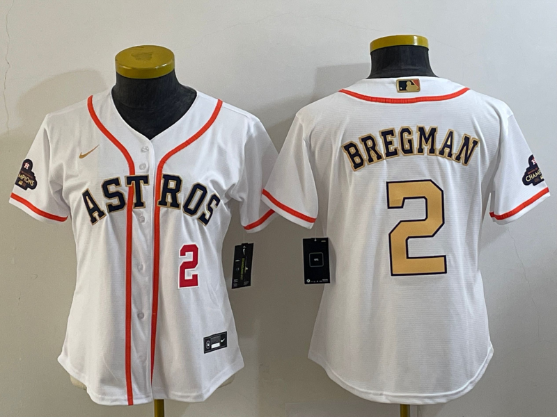 Women's Houston Astros #2 Alex Bregman Number 2023 White Gold World Serise Champions Patch Cool Base