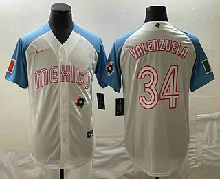Mens Mexico Baseball #34 Fernando Valenzuela 2023 White Blue World Classic Stitched Jersey