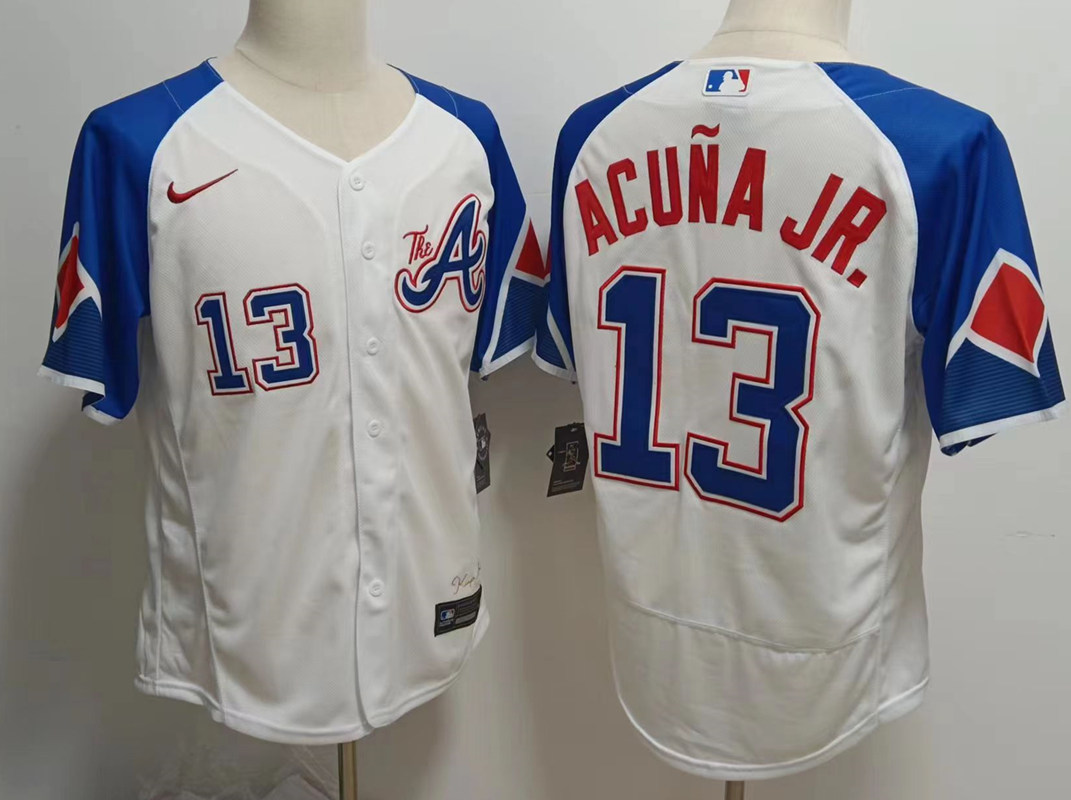 Men's Atlanta Braves #13 Ronald Acuna Jr White 2023 City Connect Flex Base Stitched Jersey