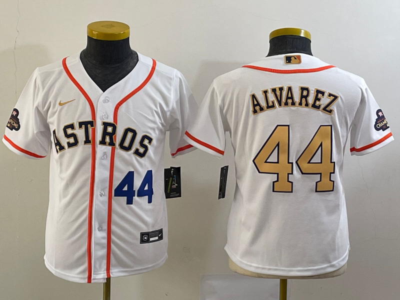 Youth Houston Astros #44 Yordan Alvarez Number 2023 White Gold World Serise Champions Patch Cool Bas