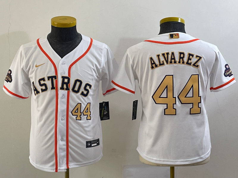 Youth Houston Astros #44 Yordan Alvarez Number 2023 White Gold World Serise Champions Patch Cool Bas - Click Image to Close