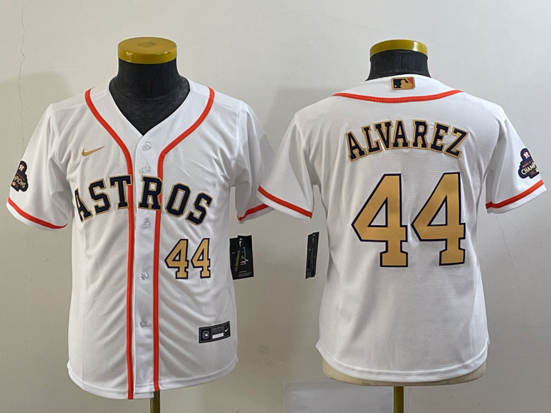 Youth Houston Astros #44 Yordan Alvarez Number 2023 White Gold World Serise Champions Patch Cool Bas