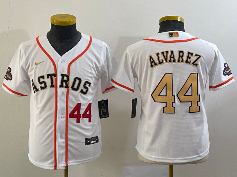 Youth Houston Astros #44 Yordan Alvarez Number 2023 White Gold World Serise Champions Patch Cool Bas