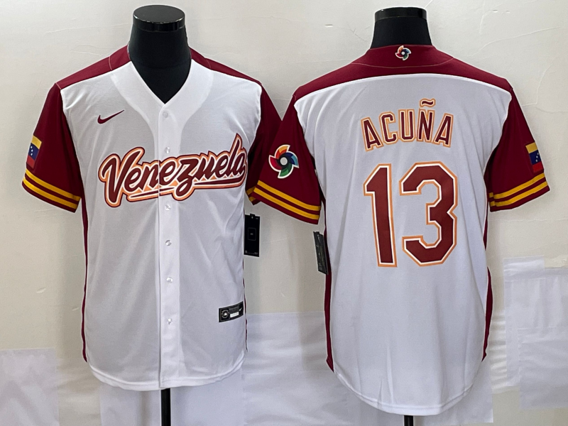 Men's Venezuela Baseball #13 Ronald Acuna Jr 2023 White Red World Classic Stitched Jerseys