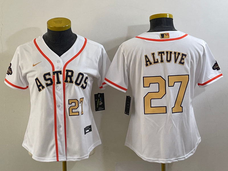 Women's Houston Astros #27 Jose Altuve Number 2023 White Gold World Serise Champions Patch Cool Base