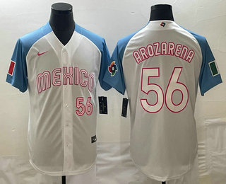 Men's Mexico Baseball #56 Randy Arozarena Number 2023 White Blue World Classic Stitched Jersey2