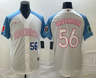 Men's Mexico Baseball #56 Randy Arozarena Number 2023 White Blue World Classic Stitched Jerseys