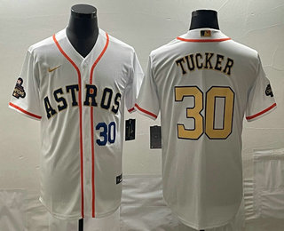 Men's Houston Astros #30 Kyle Tucker Number 2023 White Gold World Serise Champions Patch Cool Base S