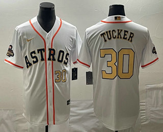 Men's Houston Astros #30 Kyle Tucker Number 2023 White Gold World Serise Champions Patch Cool Base S