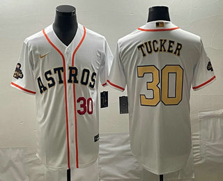 Men's Houston Astros #30 Kyle Tucker Number 2023 White Gold World Serise Champions Patch Cool Base S