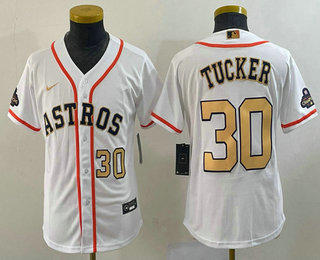 Youth Houston Astros #30 Kyle Tucker Number 2023 White Gold World Serise Champions Patch Cool Base S