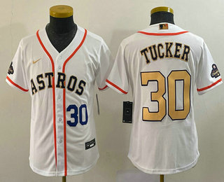 Youth Houston Astros #30 Kyle Tucker Number 2023 White Gold World Serise Champions Patch Cool Base S