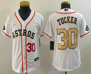 Youth Houston Astros #30 Kyle Tucker Number 2023 White Gold World Serise Champions Patch Cool Base S