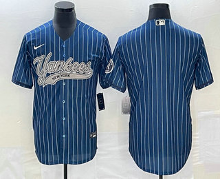 Men's New York Yankees Big Logo Navy Blue Pinstripe Cool Base Stitched Baseball Jersey