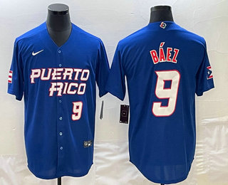 Men's Puerto Rico Baseball #9 Javier Baez Number 2023 Blue World Baseball Classic Stitched Jerseys