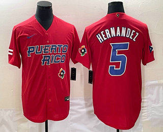 Men's Puerto Rico Baseball #5 Enrique Hernandez 2023 Red World Classic Stitched Jersey
