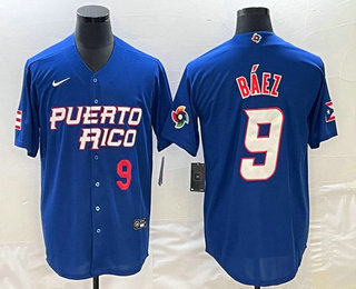 Mens Puerto Rico Baseball #9 Javier Baez Number 2023 Blue World Baseball Classic Stitched Jersey