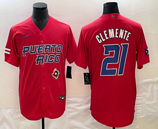Men's Puerto Rico Baseball #21 Roberto Clemente 2023 Red World Classic Stitched Jersey