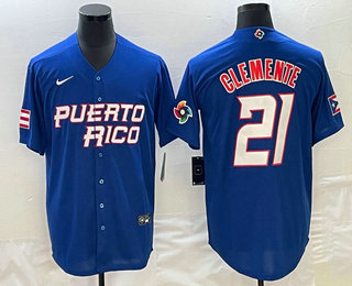 Men's Puerto Rico Baseball #21 Roberto Clemente 2023 Blue World Classic Stitched Jerseys
