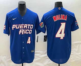 Men's Puerto Rico Baseball #4 Yadier Molina Number 2023 Blue World Baseball Classic Stitched Jersey