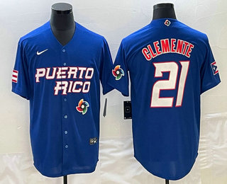 Men's Puerto Rico Baseball #21 Roberto Clemente 2023 Blue World Classic Stitched Jersey
