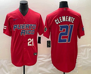 Men's Puerto Rico Baseball #21 Roberto Clemente Number 2023 Red World Classic Stitched Jerseys