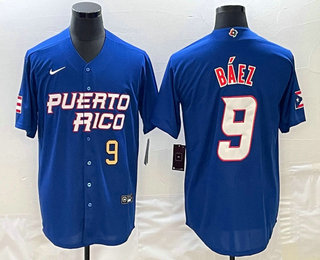 Men's Puerto Rico Baseball #9 Javier Baez Number 2023 Blue World Baseball Classic Stitched Jersey