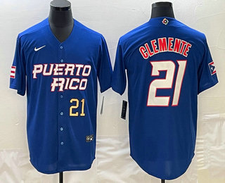 Mens Puerto Rico Baseball #21 Roberto Clemente Number 2023 Blue World Classic Stitched Jersey