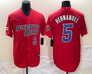 Men's Puerto Rico Baseball #5 Enrique Hernandez Number 2023 Red World Classic Stitched Jersey